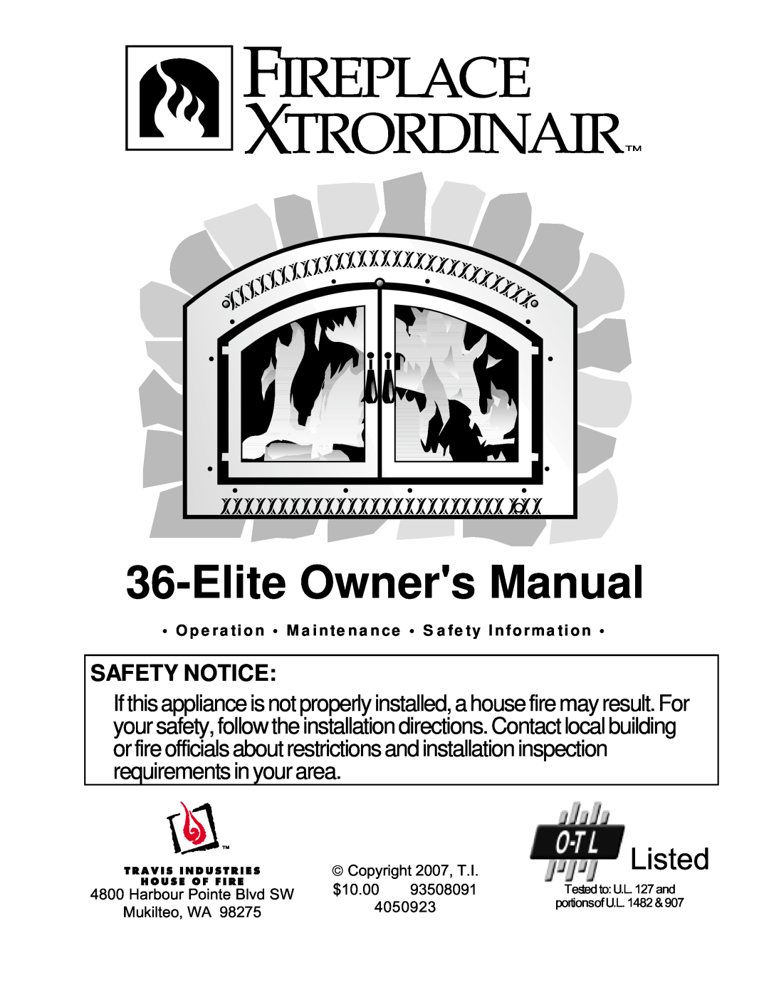 FireplaceXtrordinair 36-Elite owner manual Listed, Safety Notice 