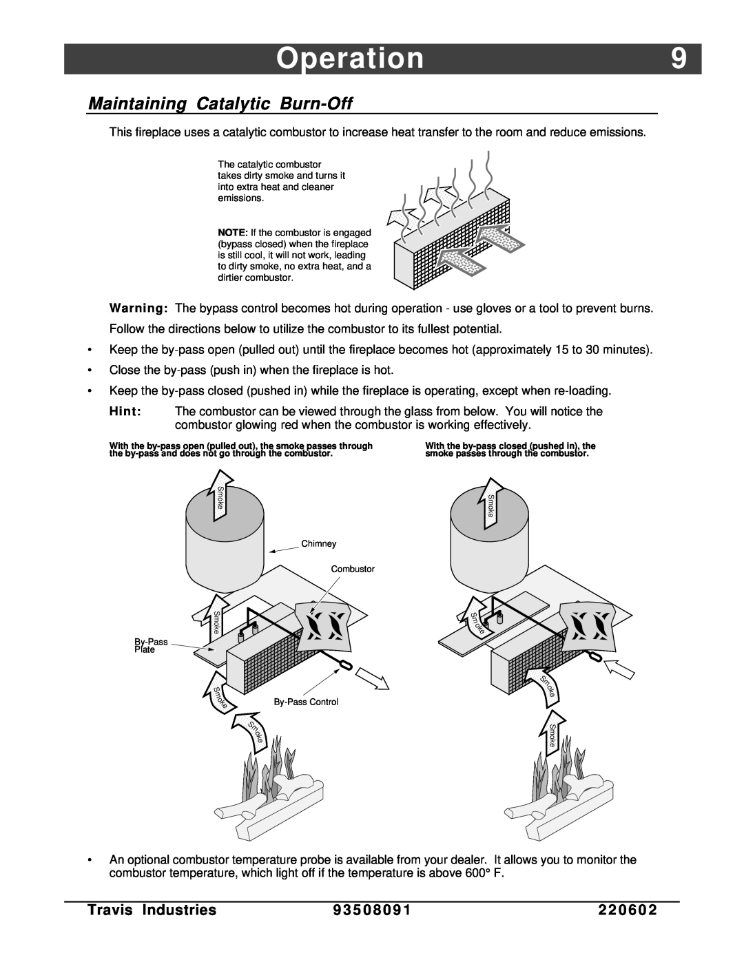 FireplaceXtrordinair 36-Elite owner manual Operation9, Maintaining Catalytic Burn-Off, Travis Industries 