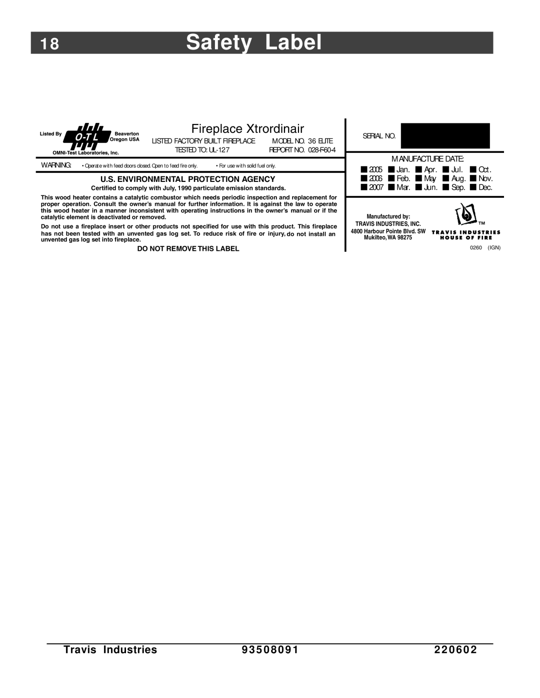 FireplaceXtrordinair 36-Elite owner manual Safety Label, Fireplace Xtrordinair, Travis Industries, 9 3 5, 2 2 0 