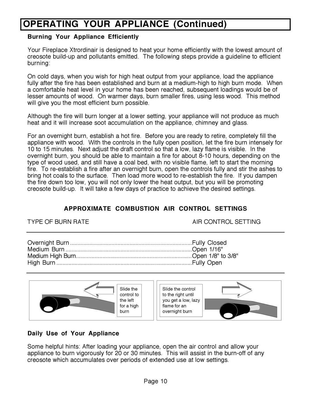 FireplaceXtrordinair 36A-BI, 36A-ZC manual Burning Your Appliance Efficiently, Approximate Combustion AIR Control Settings 