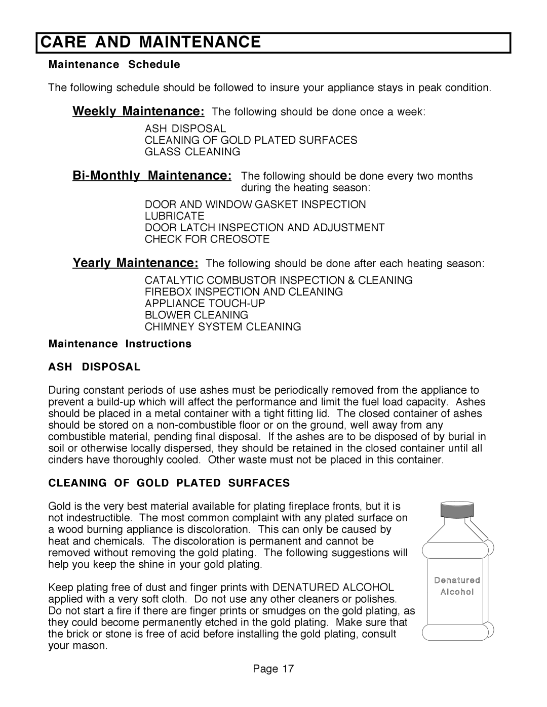 FireplaceXtrordinair 36A-ZC, 36A-BI Care and Maintenance, Maintenance Schedule, Maintenance Instructions, ASH Disposal 