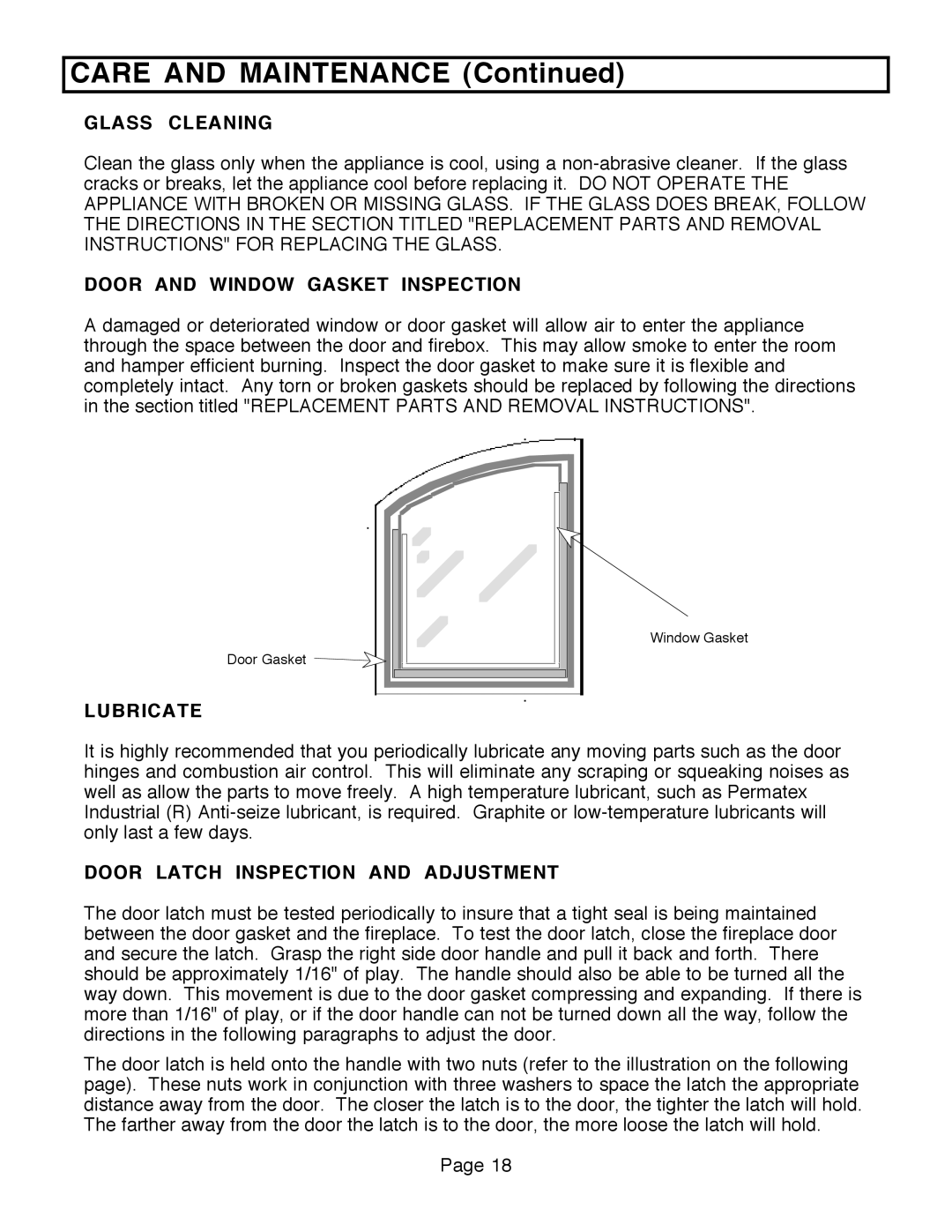 FireplaceXtrordinair 36A-BI, 36A-ZC manual Glass Cleaning, Door and Window Gasket Inspection, Lubricate 