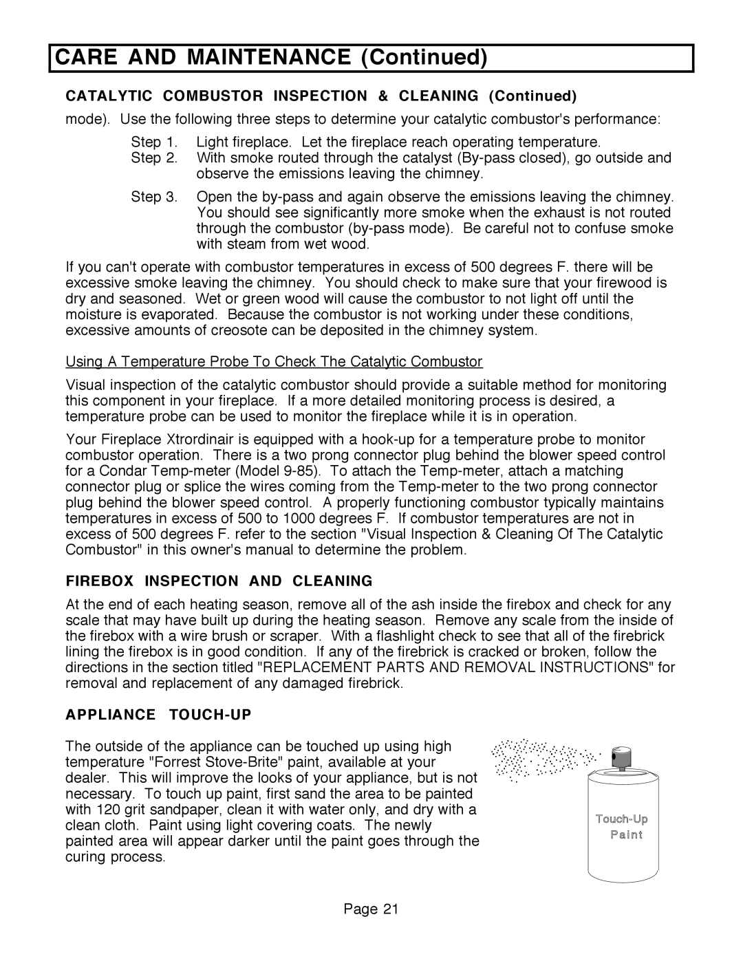 FireplaceXtrordinair 36A-ZC Catalytic Combustor Inspection & Cleaning, Firebox Inspection and Cleaning, Appliance TOUCH-UP 