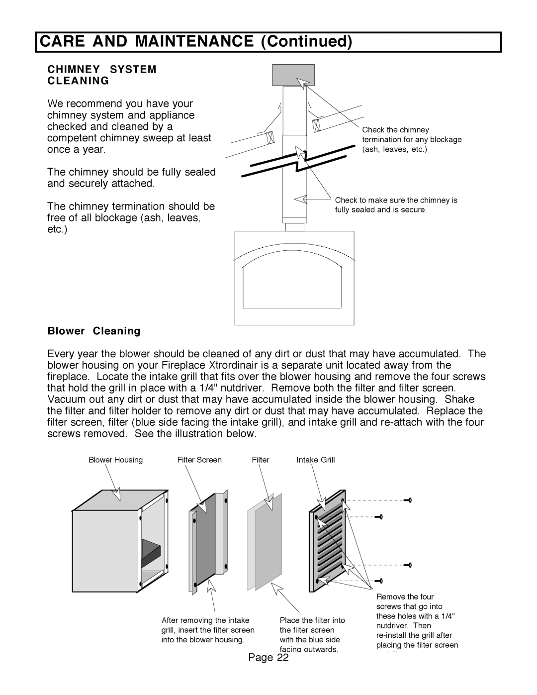 FireplaceXtrordinair 36A-BI, 36A-ZC manual Chimney System Cleaning, Blower Cleaning 