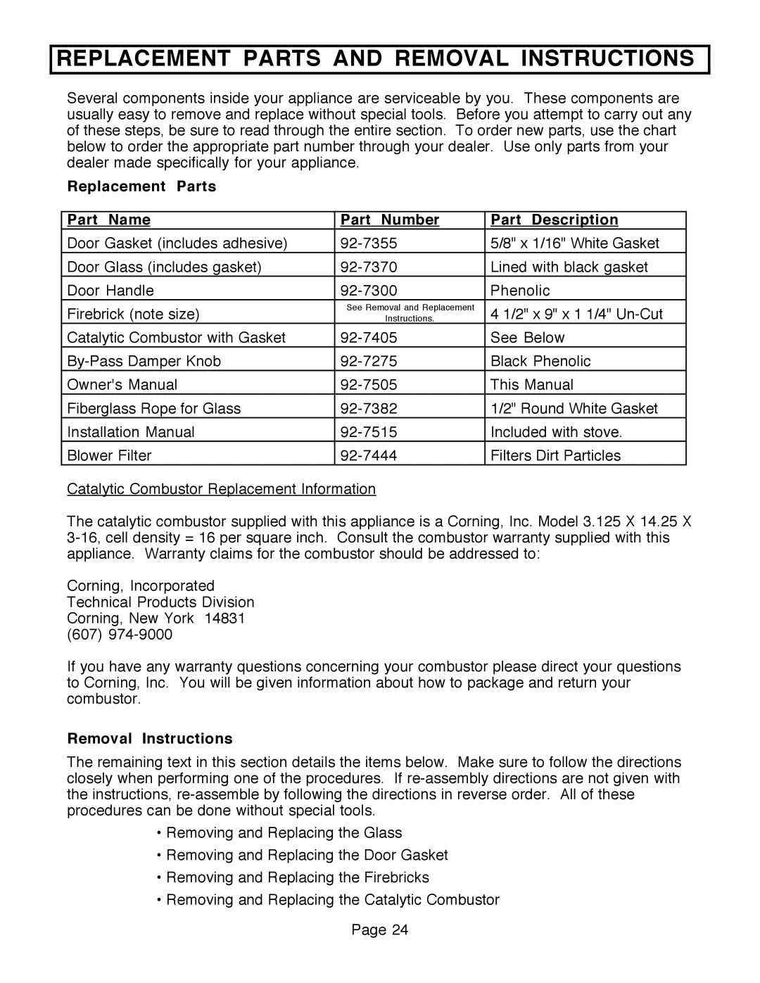 FireplaceXtrordinair 36A-BI, 36A-ZC manual Replacement Parts and Removal Instructions 