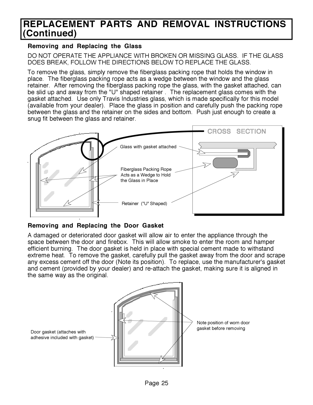 FireplaceXtrordinair 36A-ZC, 36A-BI manual Removing and Replacing the Glass, Removing and Replacing the Door Gasket 