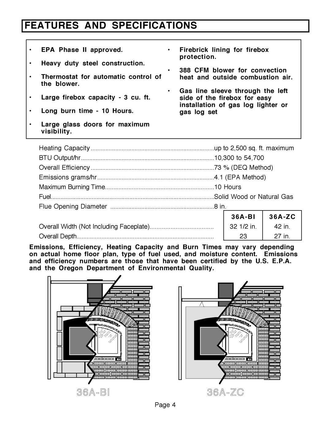 FireplaceXtrordinair 36A-BI, 36A-ZC manual Features and Specifications 