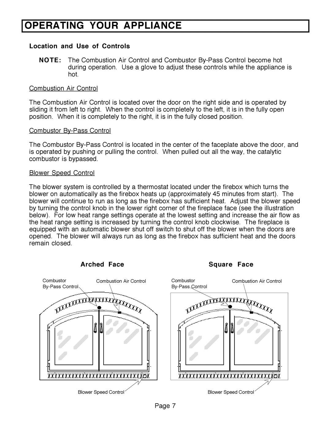 FireplaceXtrordinair 36A-ZC, 36A-BI manual Operating Your Appliance, Location and Use of Controls, Arched Face, Square Face 