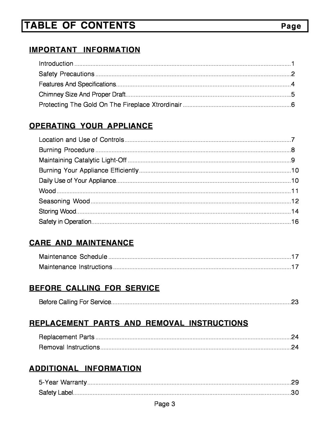 FireplaceXtrordinair 36A-ZC Table Of Contents, Page, Important Information, Operating Your Appliance, Care And Maintenance 
