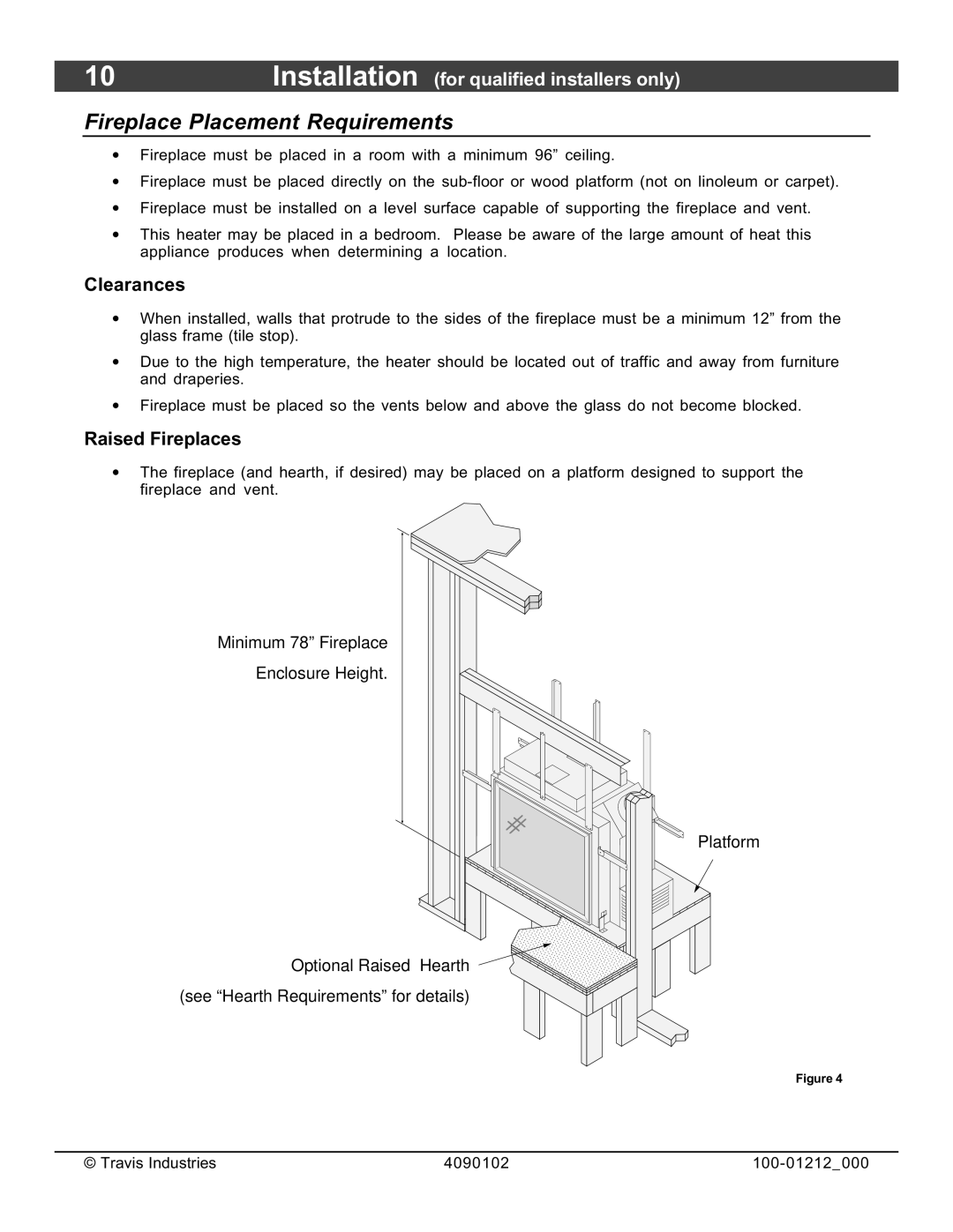 FireplaceXtrordinair 36CF installation manual Fireplace Placement Requirements, Clearances, Raised Fireplaces 