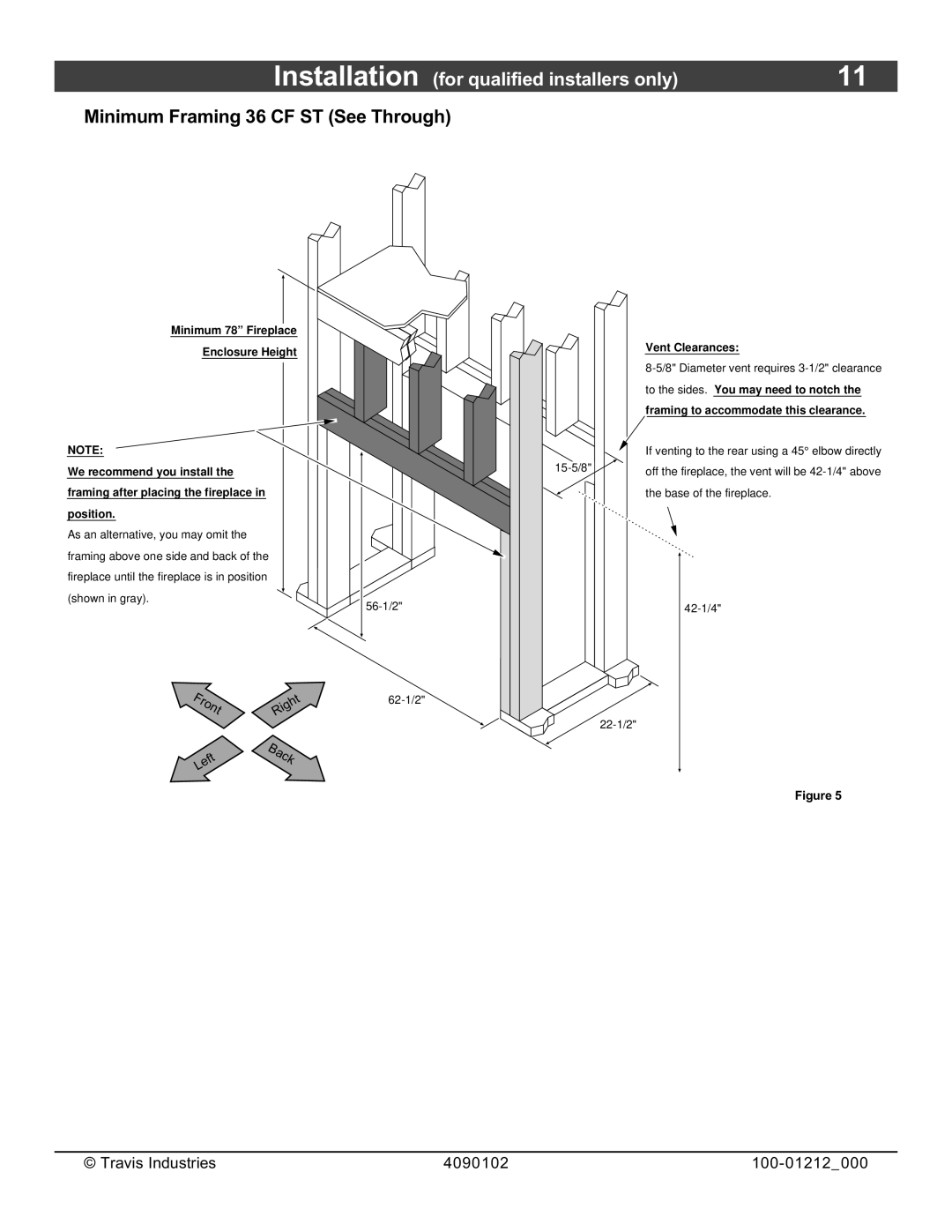 FireplaceXtrordinair 36CF installation manual Minimum Framing 36 CF ST See Through, Back 