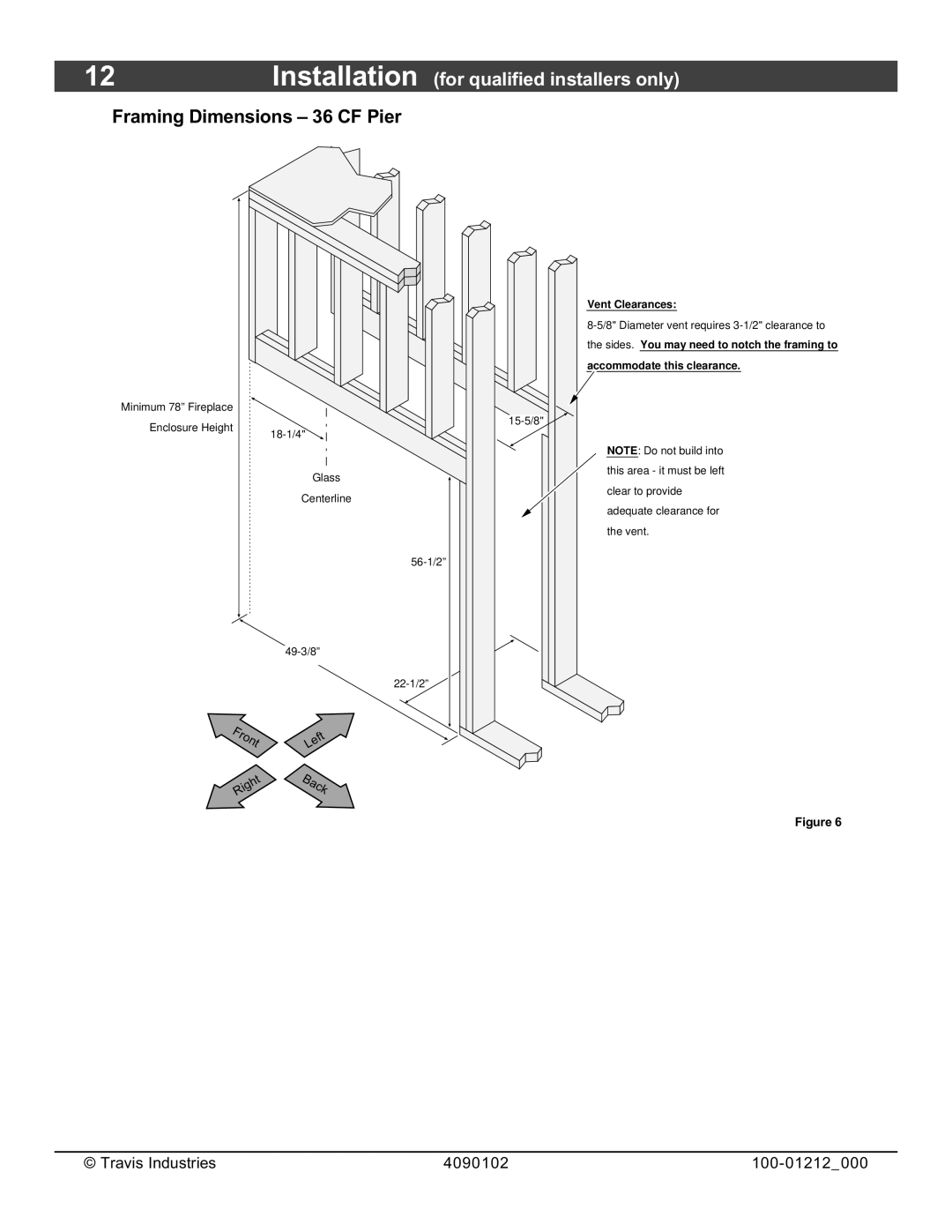 FireplaceXtrordinair 36CF installation manual Framing Dimensions 36 CF Pier, Front 