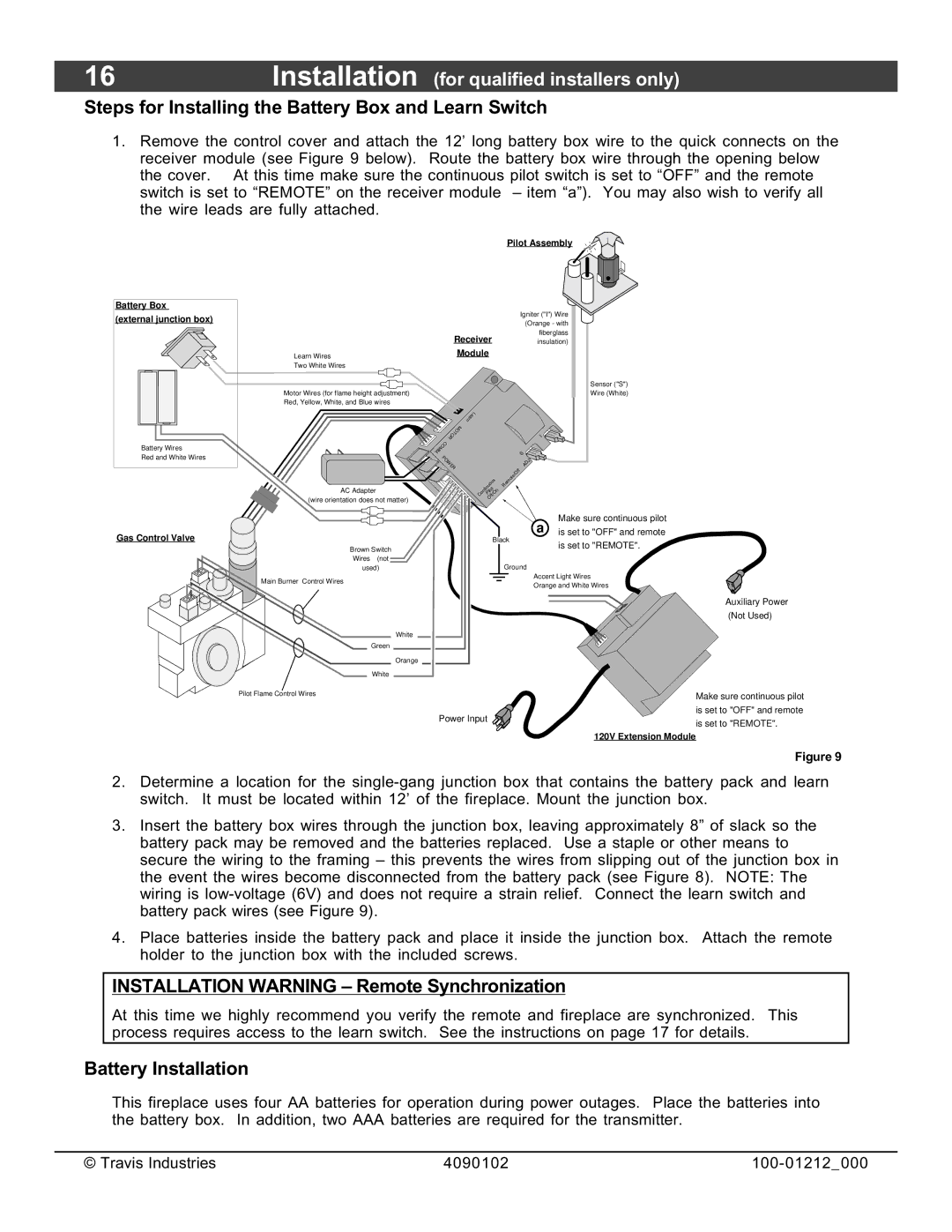 FireplaceXtrordinair 36CF installation manual Steps for Installing the Battery Box and Learn Switch, Battery Installation 