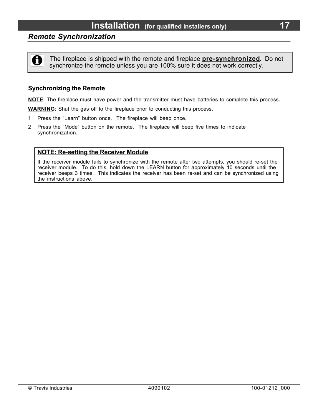 FireplaceXtrordinair 36CF installation manual Remote Synchronization, Synchronizing the Remote 