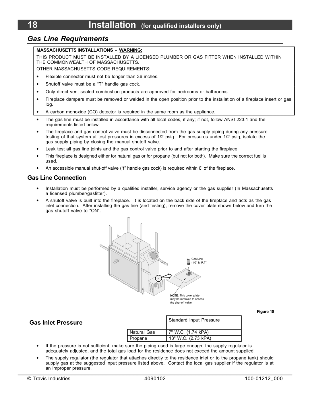 FireplaceXtrordinair 36CF installation manual Gas Line Requirements, Gas Line Connection, Gas Inlet Pressure 