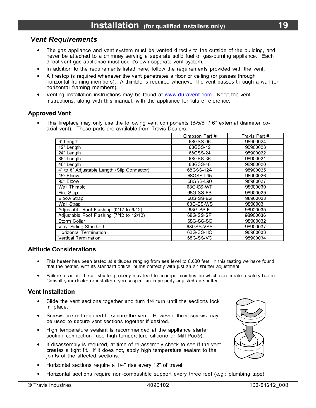 FireplaceXtrordinair 36CF installation manual Vent Requirements, Approved Vent, Altitude Considerations, Vent Installation 