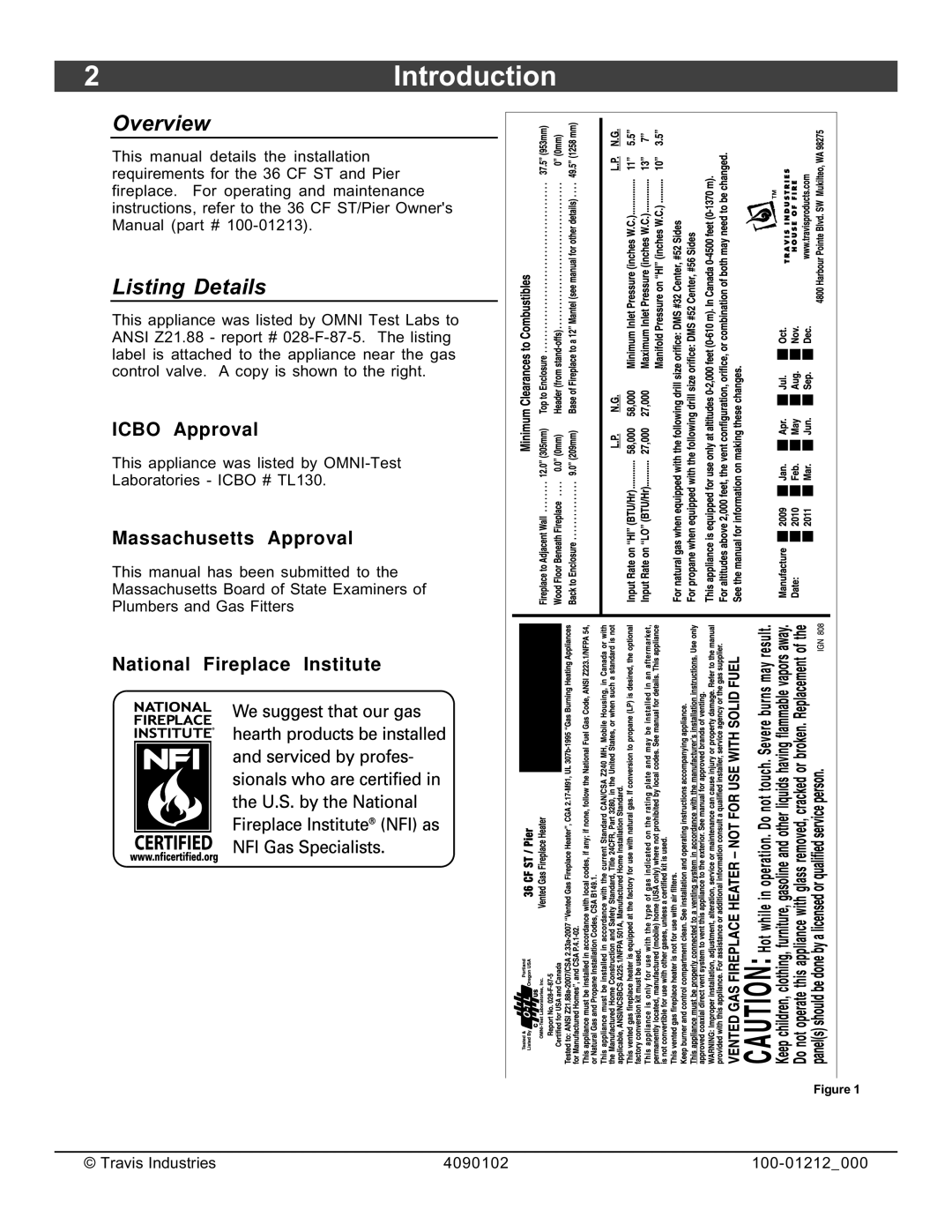 FireplaceXtrordinair 36CF installation manual 2Introduction, Overview Listing Details 