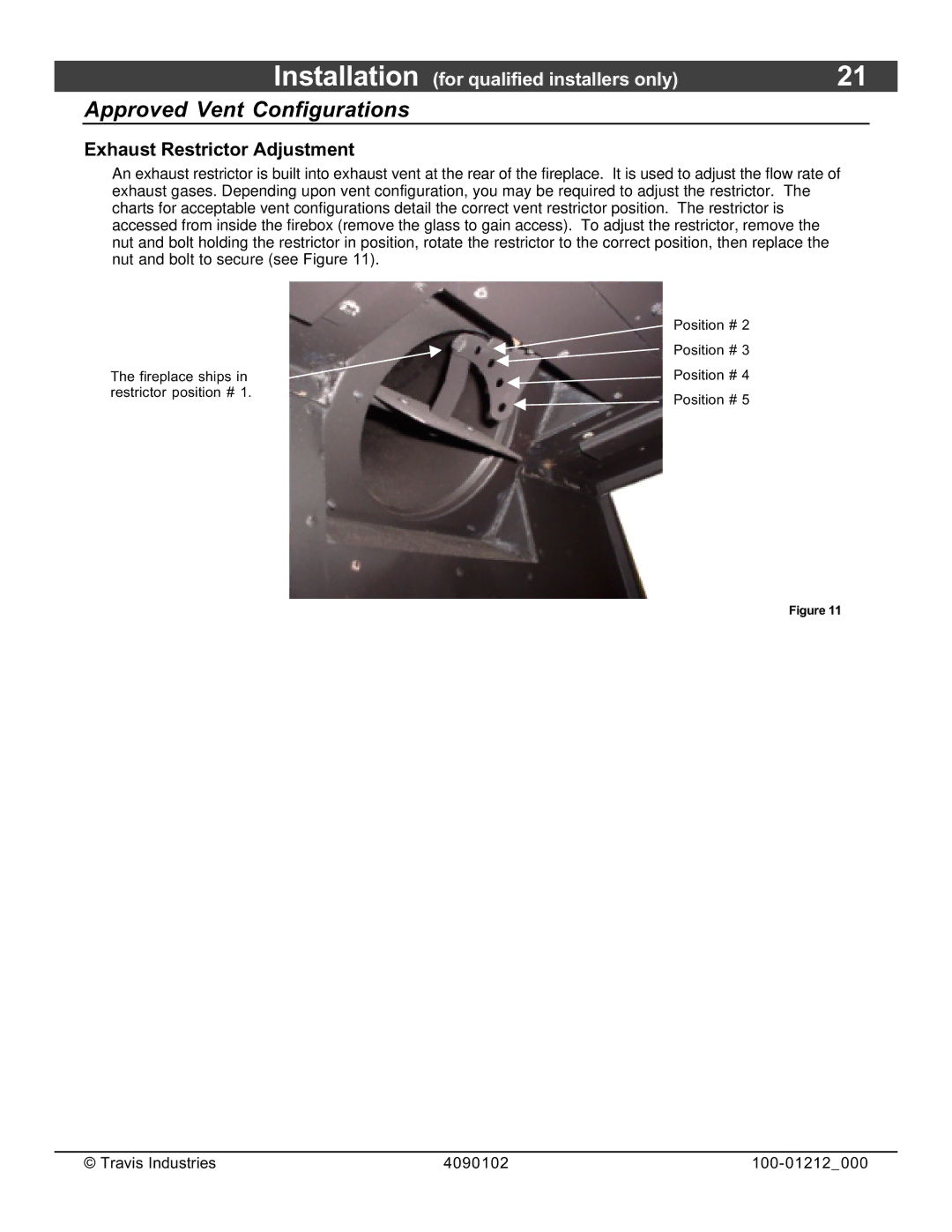 FireplaceXtrordinair 36CF installation manual Approved Vent Configurations, Exhaust Restrictor Adjustment 