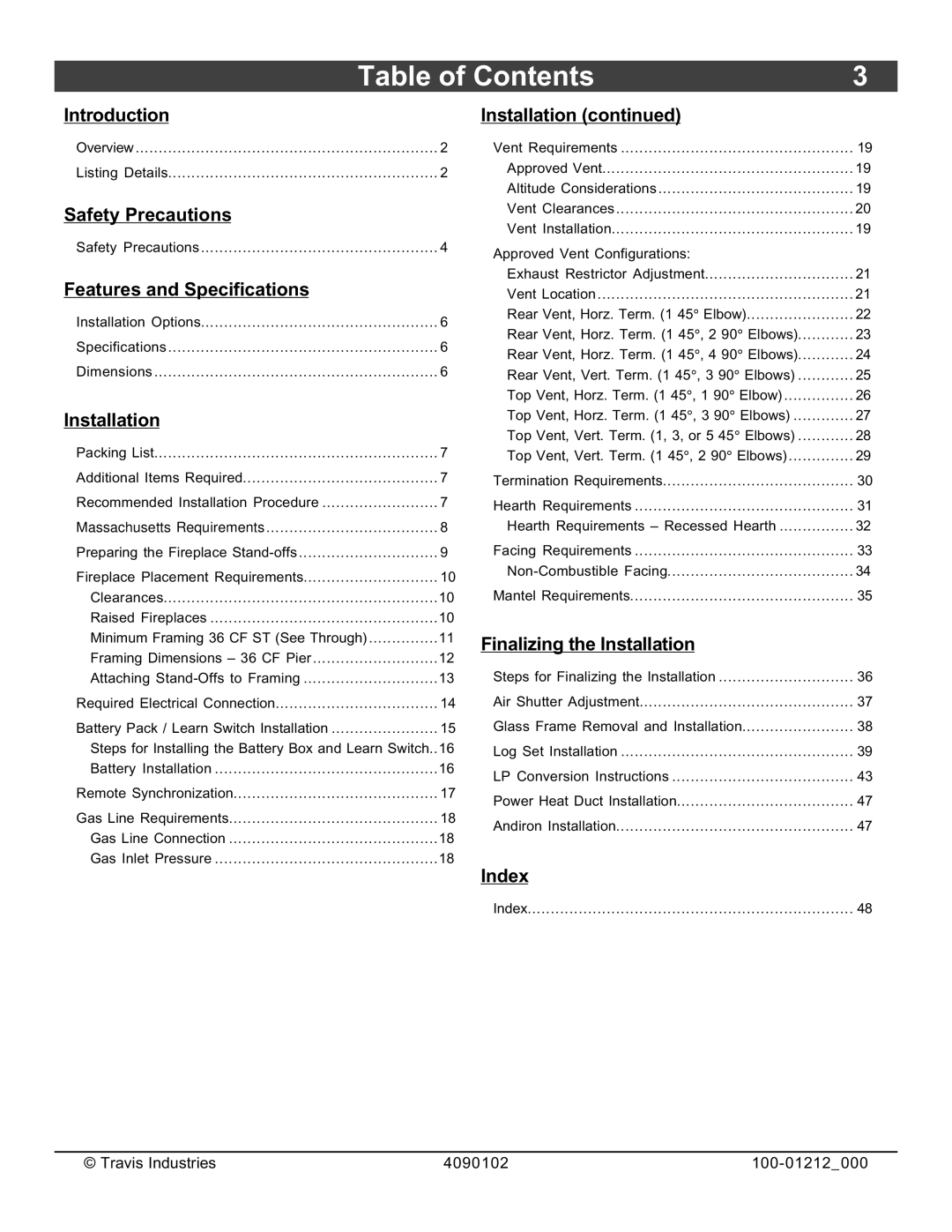 FireplaceXtrordinair 36CF installation manual Table of Contents 