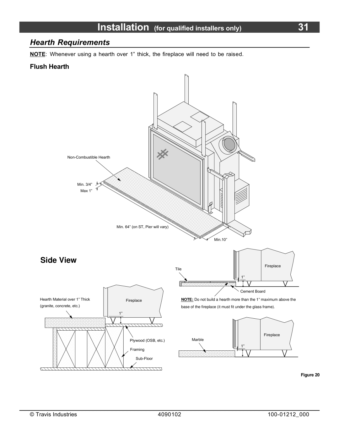 FireplaceXtrordinair 36CF installation manual Hearth Requirements, Flush Hearth 