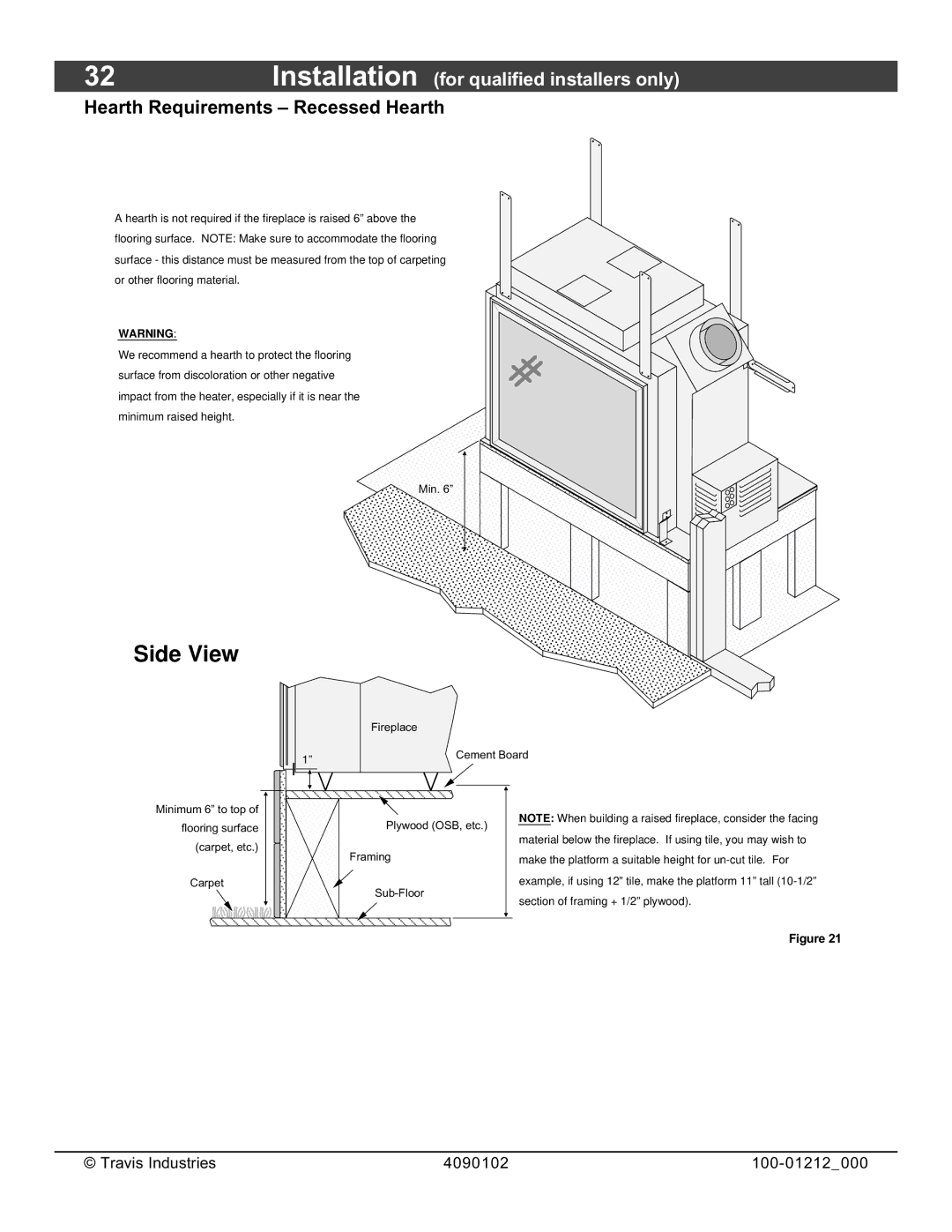 FireplaceXtrordinair 36CF installation manual Hearth Requirements Recessed Hearth 