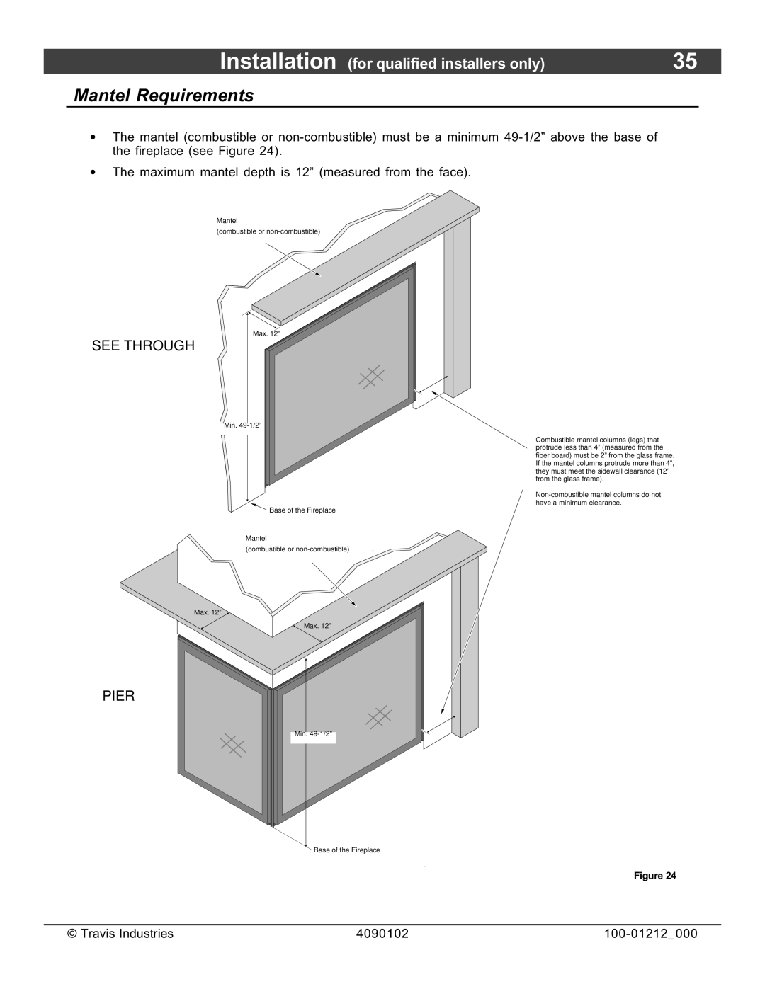 FireplaceXtrordinair 36CF installation manual Mantel Requirements, See Through 