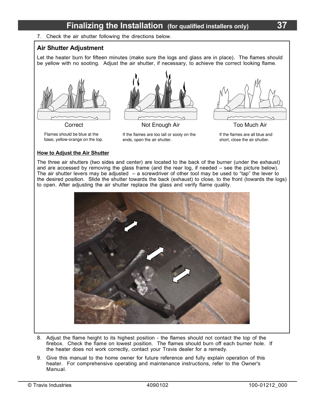 FireplaceXtrordinair 36CF Finalizing the Installation for qualified installers only, Air Shutter Adjustment 