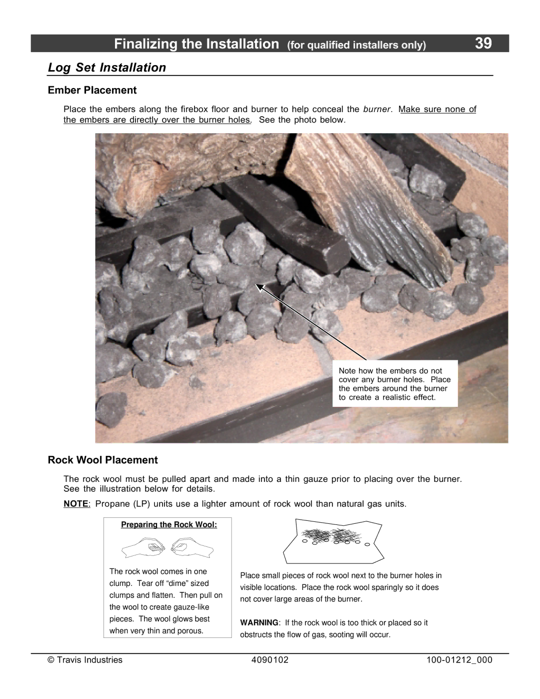 FireplaceXtrordinair 36CF installation manual Log Set Installation, Ember Placement, Rock Wool Placement 