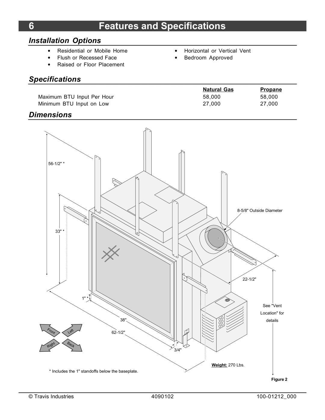 FireplaceXtrordinair 36CF installation manual Features and Specifications, Installation Options, Dimensions 