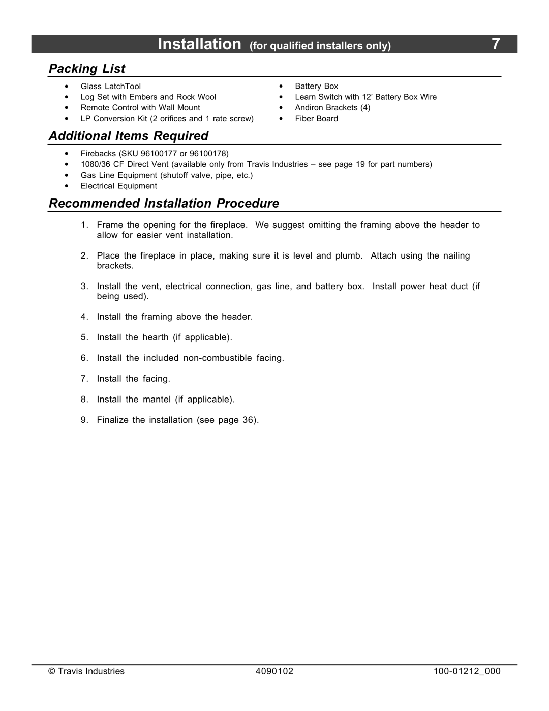 FireplaceXtrordinair 36CF installation manual Packing List, Additional Items Required, Recommended Installation Procedure 