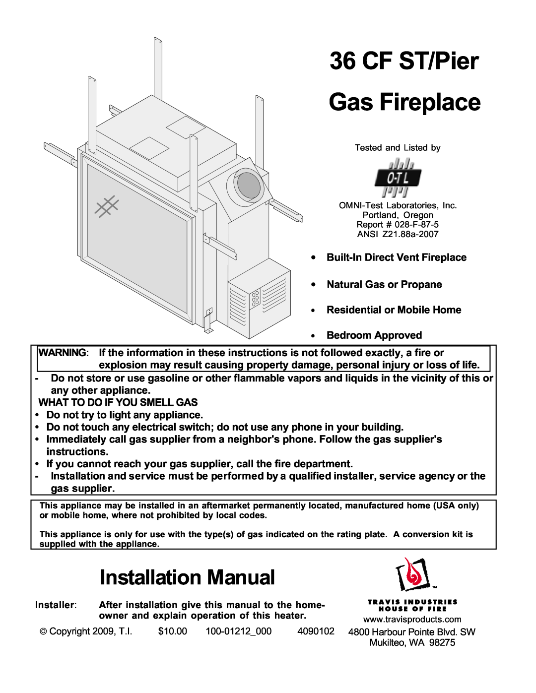 FireplaceXtrordinair 36CF installation manual Built-InDirect Vent Fireplace, Natural Gas or Propane, Installation Manual 
