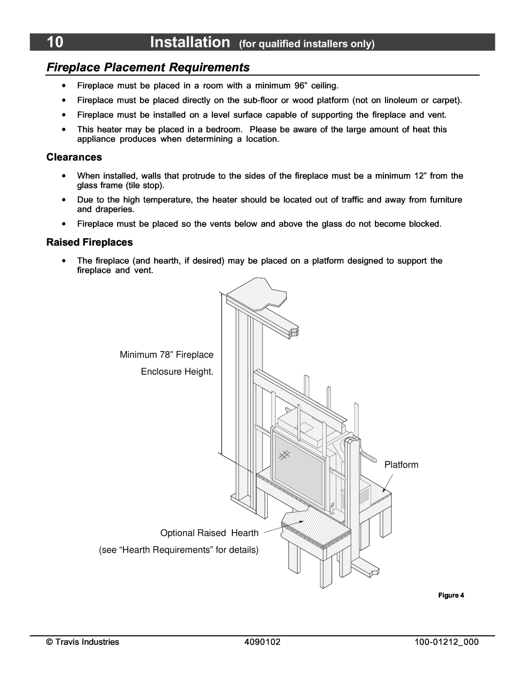 FireplaceXtrordinair 36CF installation manual Fireplace Placement Requirements, Clearances, Raised Fireplaces 