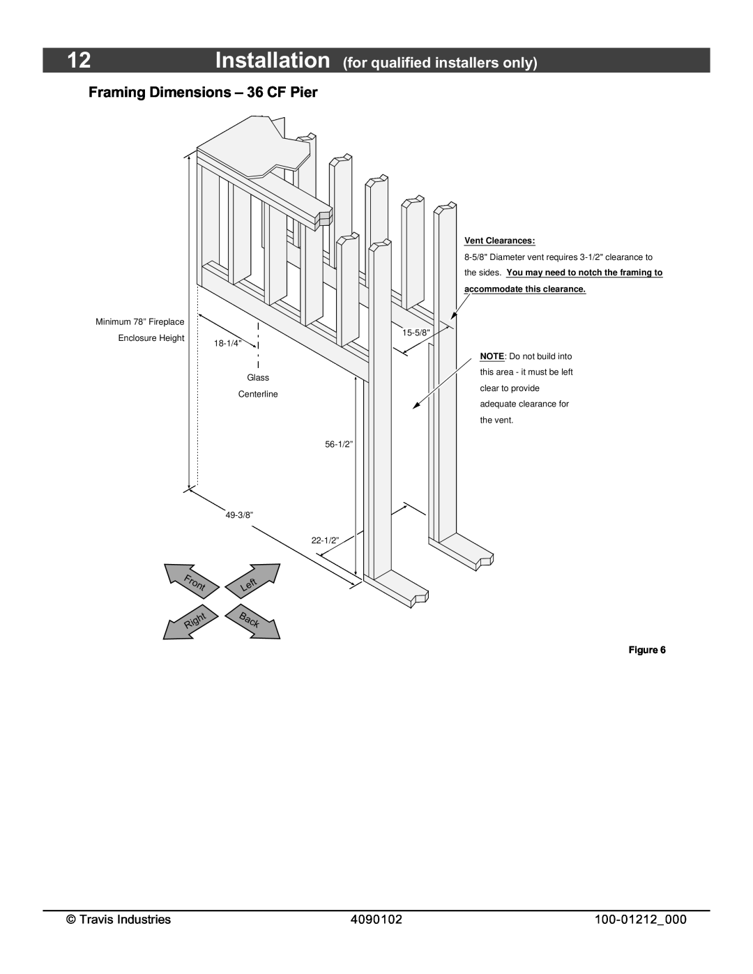FireplaceXtrordinair 36CF Framing Dimensions - 36 CF Pier, Installation for qualified installers only, Front 