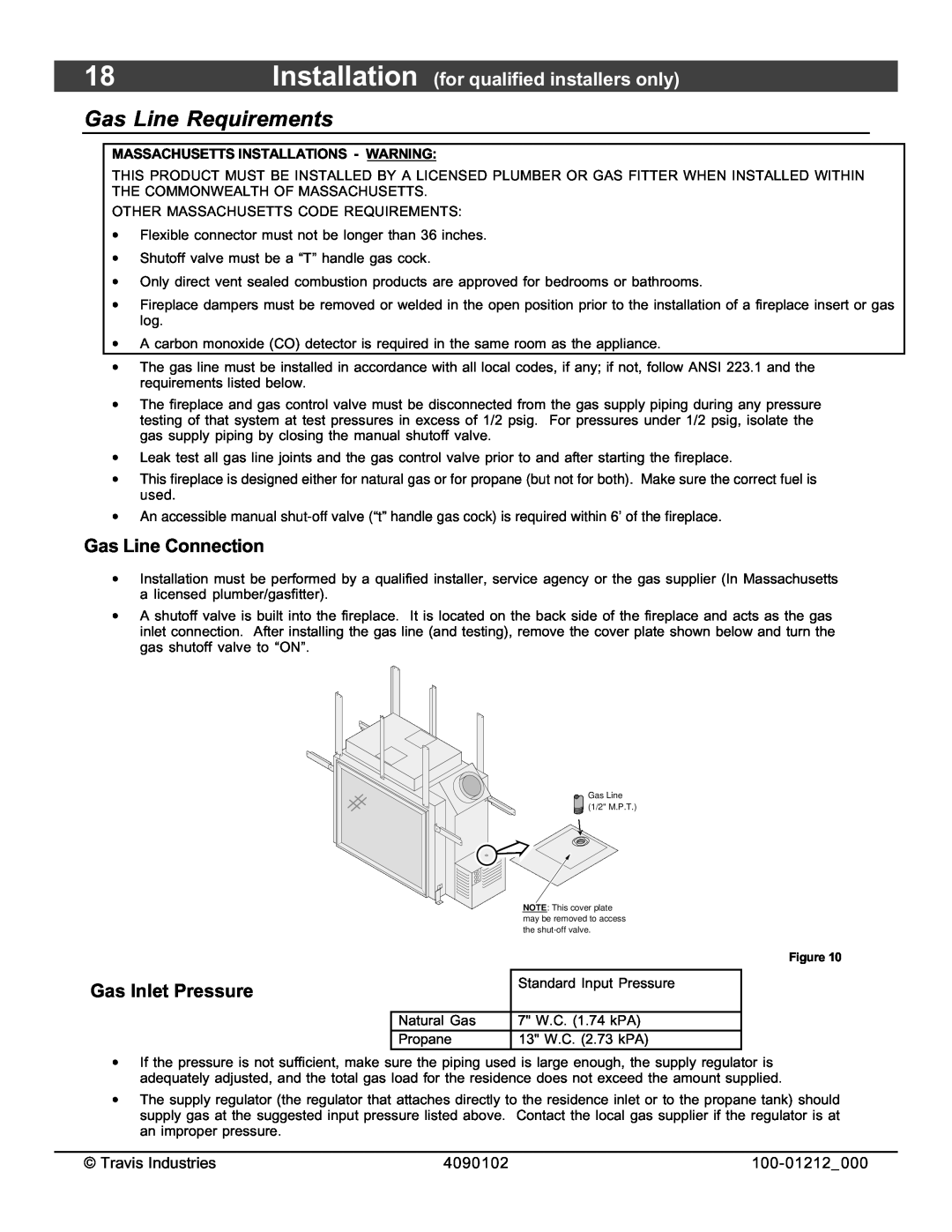 FireplaceXtrordinair 36CF installation manual Gas Line Requirements, Gas Line Connection, Gas Inlet Pressure 