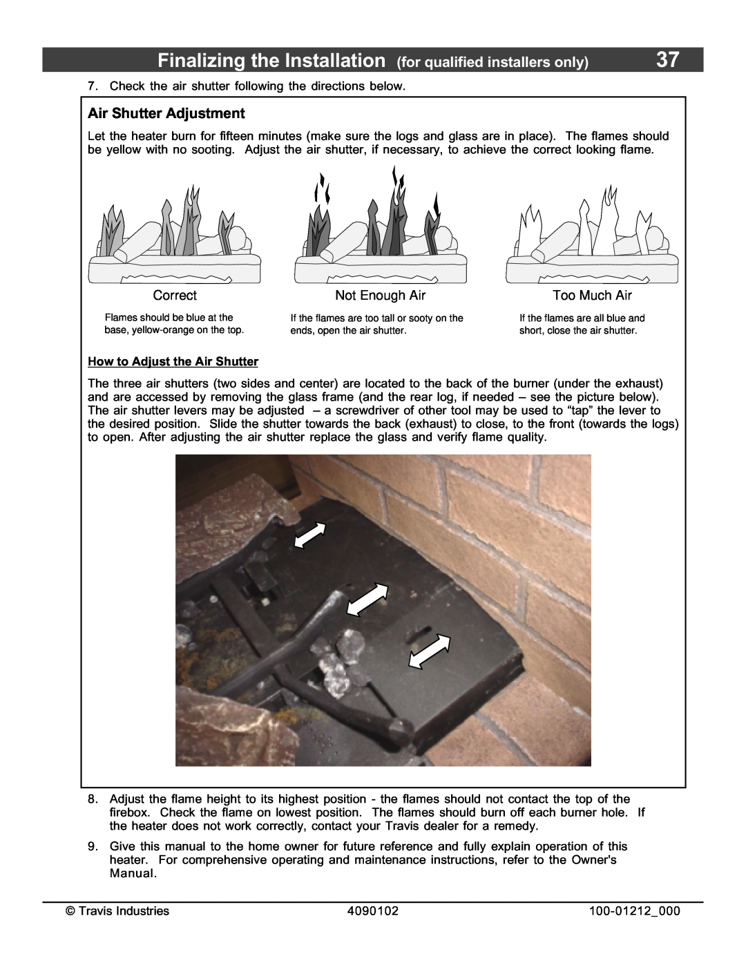 FireplaceXtrordinair 36CF installation manual Air Shutter Adjustment, Correct, Not Enough Air, Too Much Air 