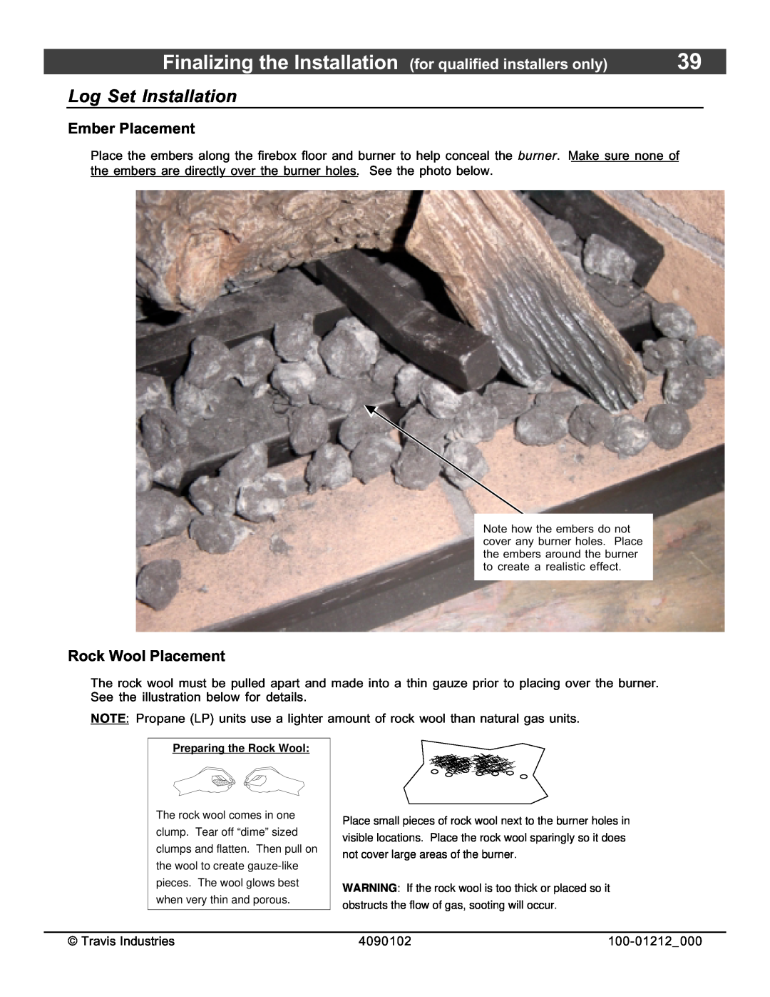 FireplaceXtrordinair 36CF installation manual Log Set Installation, Ember Placement, Rock Wool Placement 