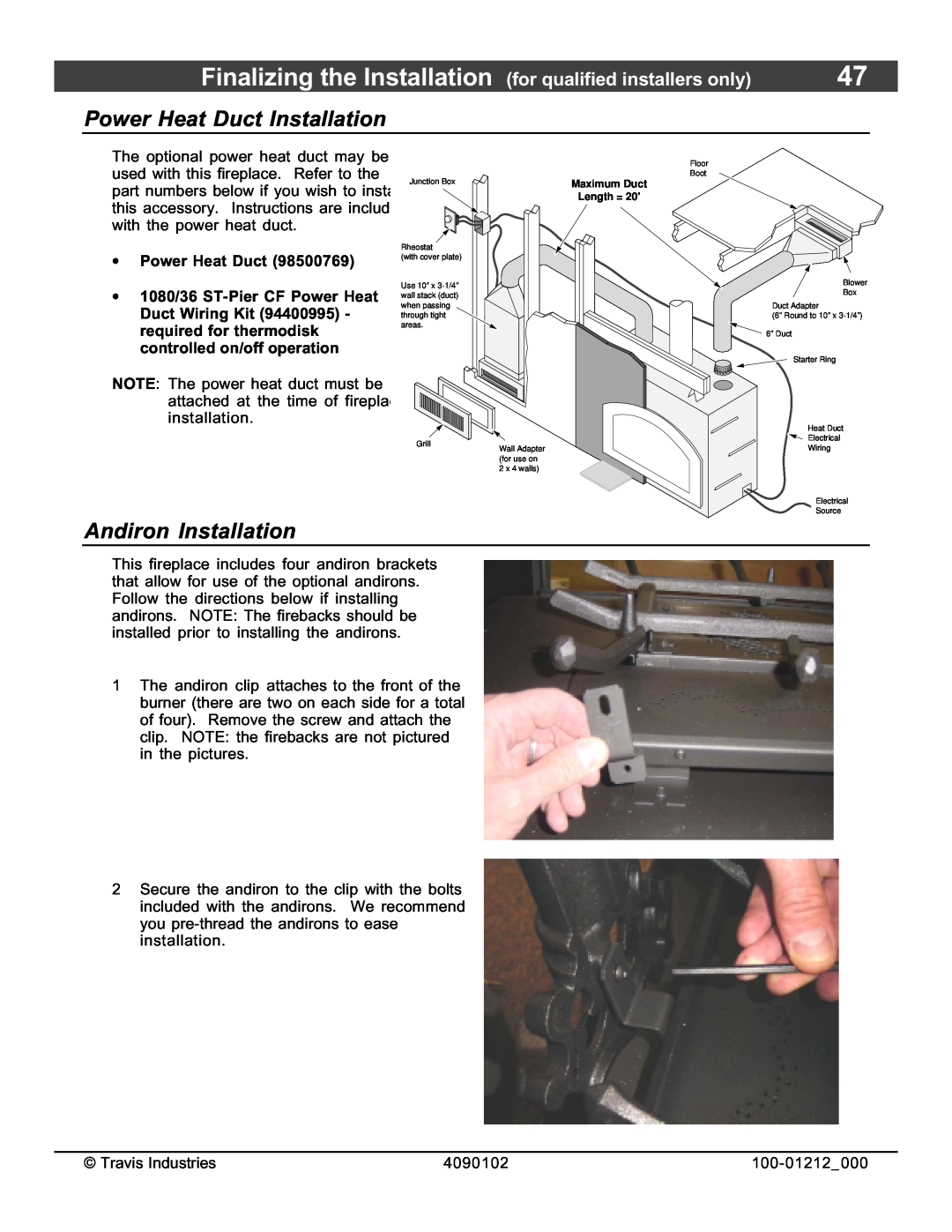 FireplaceXtrordinair 36CF installation manual Power Heat Duct Installation, Andiron Installation 