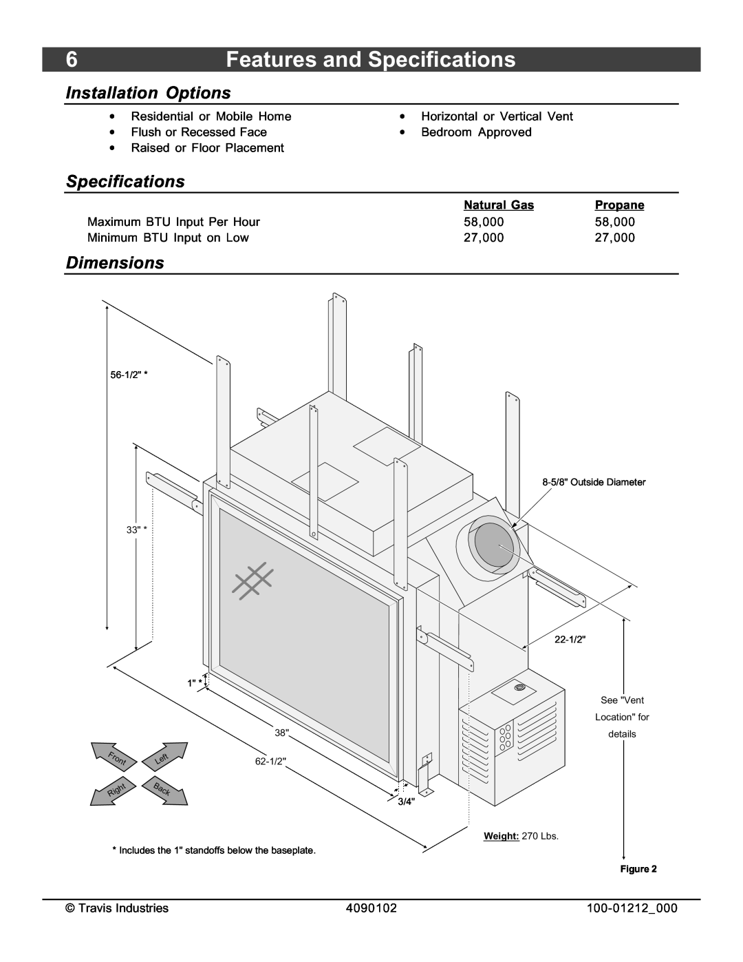 FireplaceXtrordinair 36CF installation manual Features and Specifications, Installation Options, Dimensions 