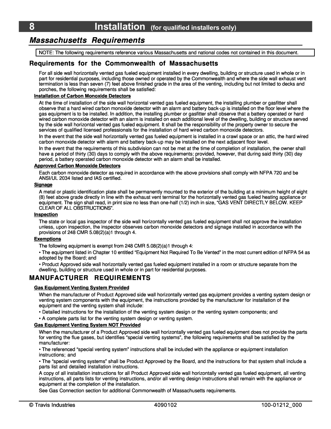 FireplaceXtrordinair 36CF Manufacturer Requirements, Massachusetts Requirements, Installation of Carbon Monoxide Detectors 