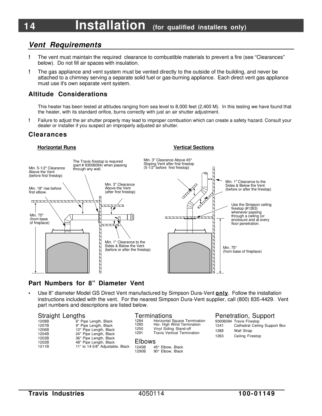 FireplaceXtrordinair 44 DV XXL EF manual Vent Requirements, Altitude Considerations, Part Numbers for 8 Diameter Vent 