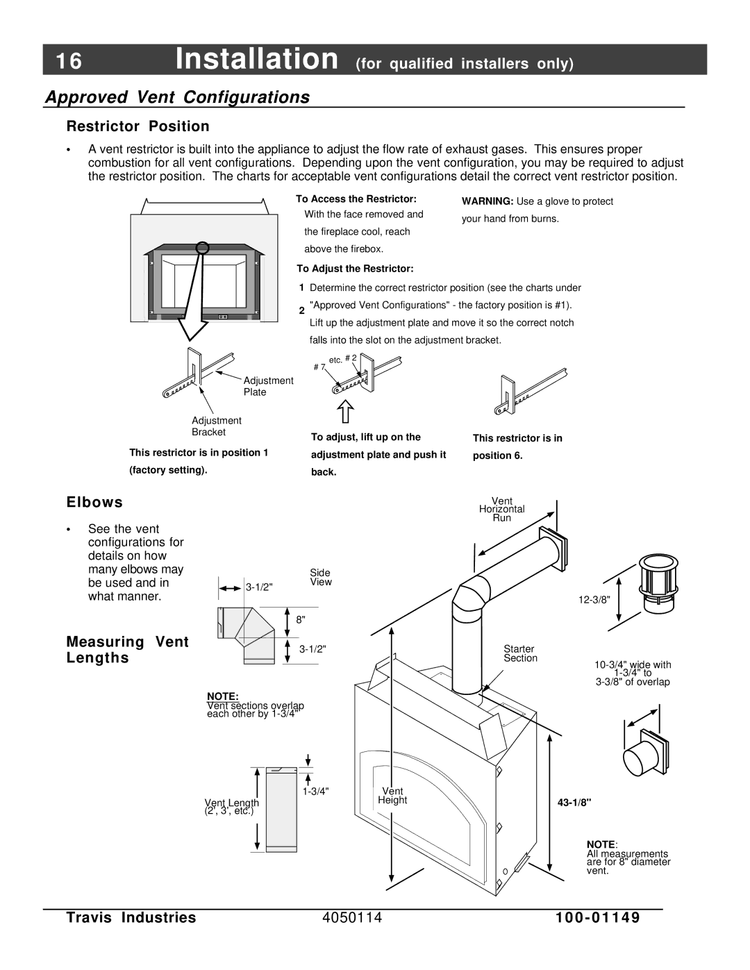 FireplaceXtrordinair 44 DV XXL EF manual Approved Vent Configurations, Restrictor Position, Elbows, Measuring Vent Lengths 