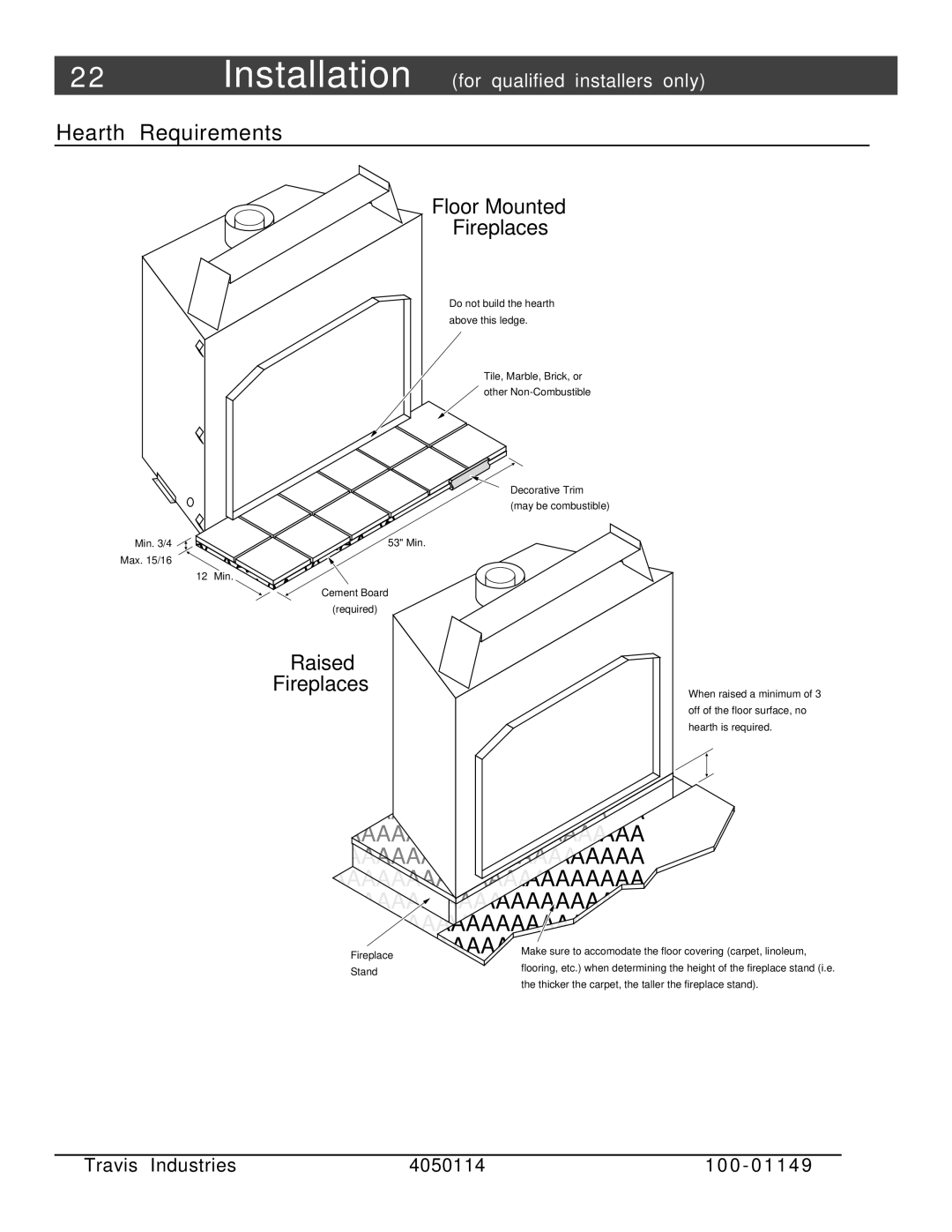 FireplaceXtrordinair 44 DV XXL EF manual Hearth Requirements, Floor Mounted Fireplaces 