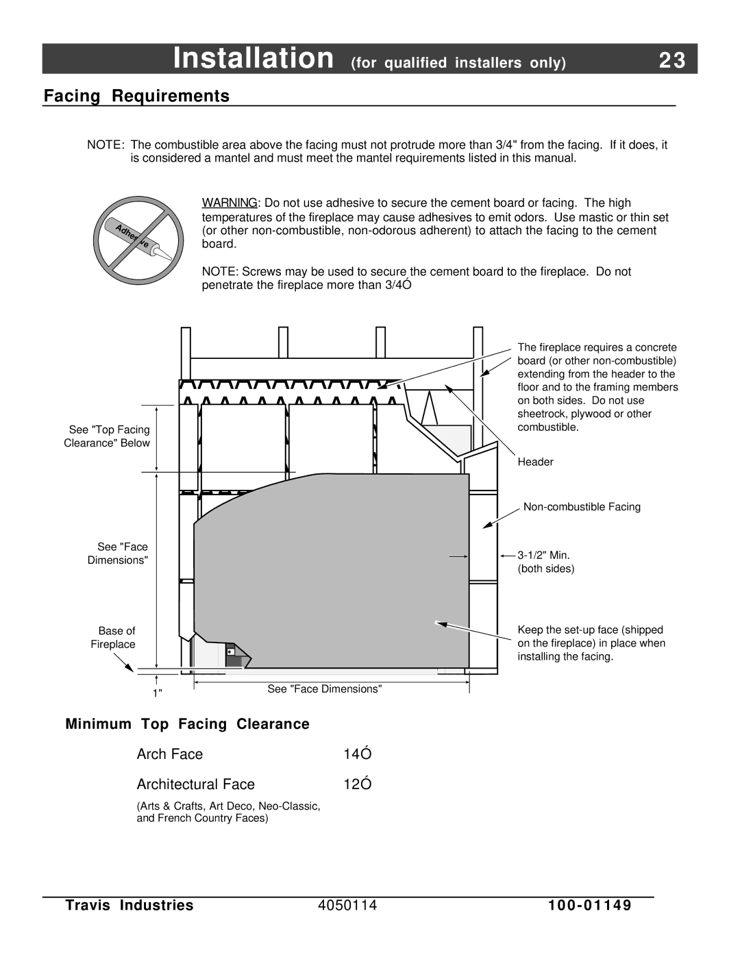 FireplaceXtrordinair 44 DV XXL EF manual Facing Requirements, Minimum Top Facing Clearance 