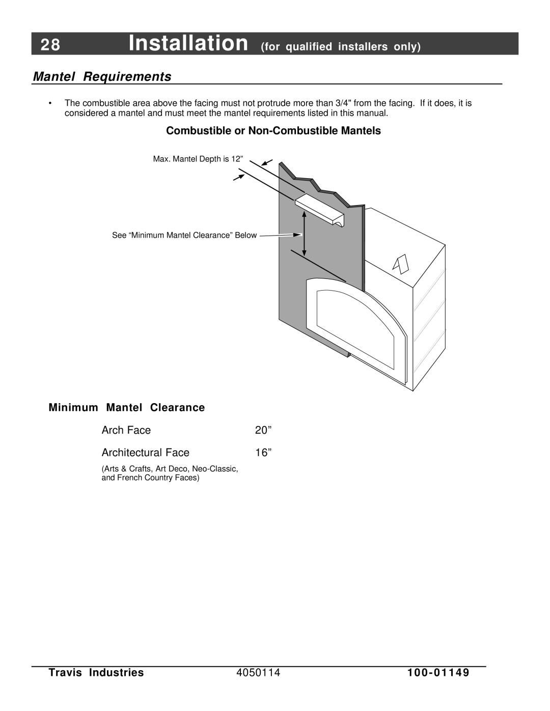 FireplaceXtrordinair 44 DV XXL EF Mantel Requirements, Combustible or Non-Combustible Mantels, Minimum Mantel Clearance 