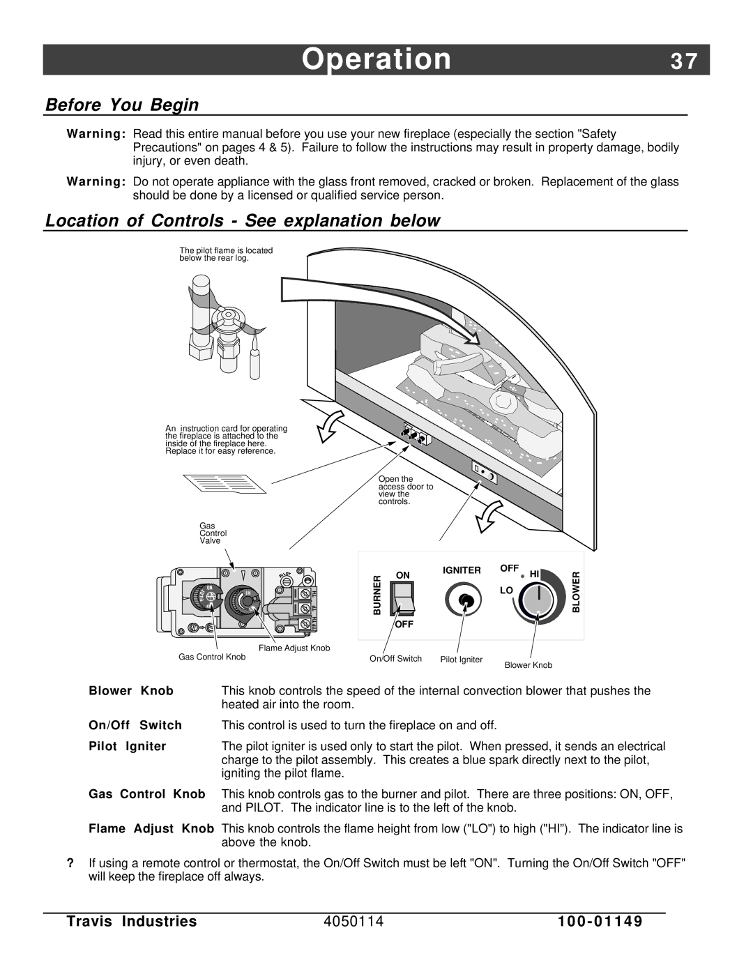 FireplaceXtrordinair 44 DV XXL EF manual Operation3, Before You Begin Location of Controls See explanation below 