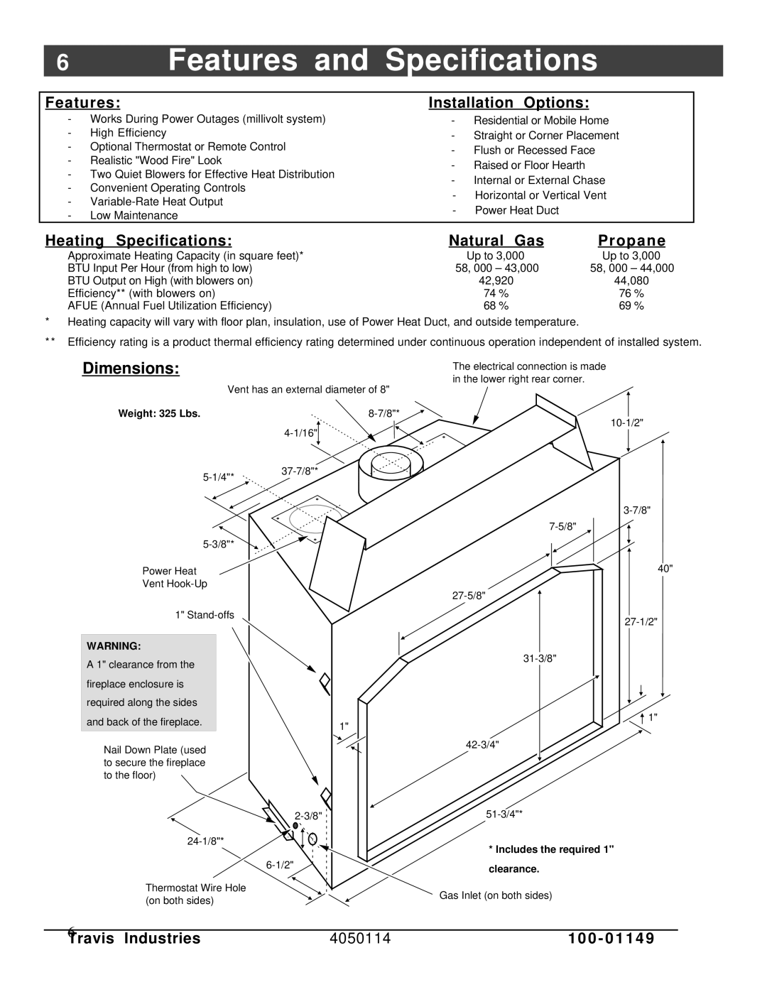 FireplaceXtrordinair 44 DV XXL EF manual Features and Specifications, Features Installation Options 