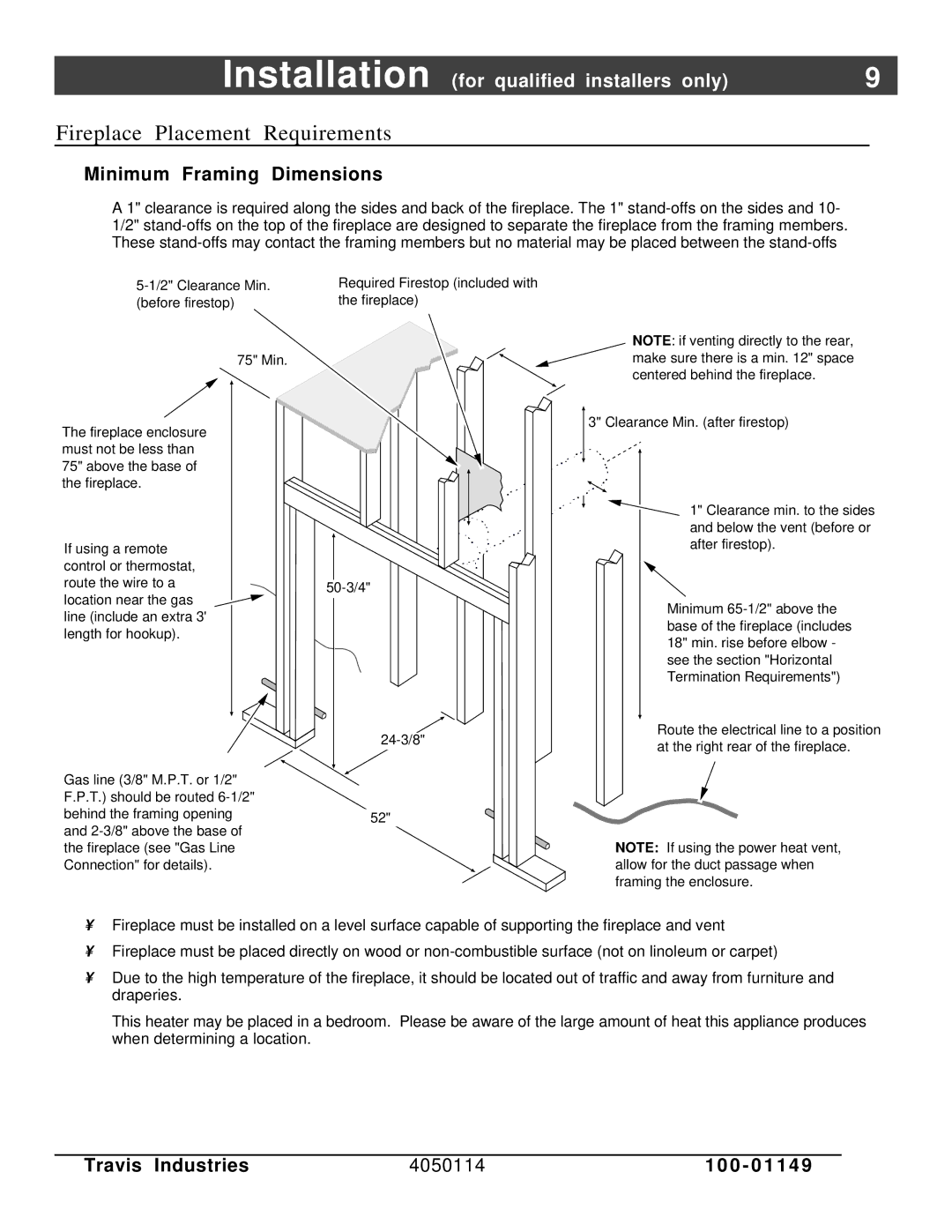 FireplaceXtrordinair 44 DV XXL EF manual Fireplace Placement Requirements, Minimum Framing Dimensions 