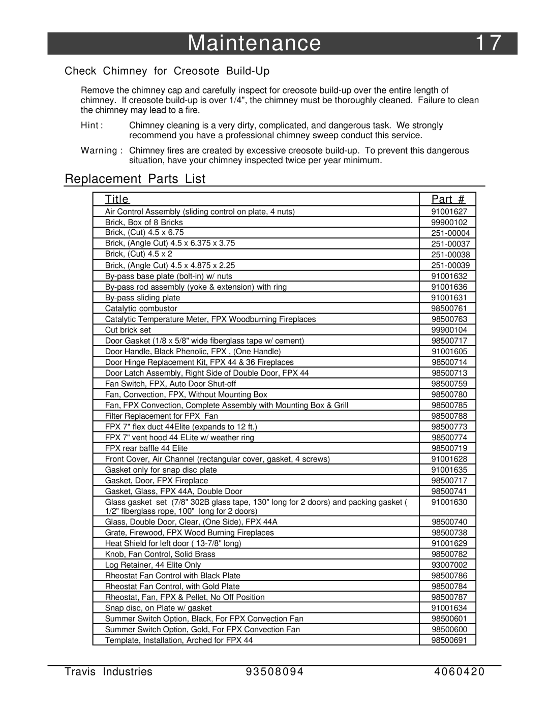 FireplaceXtrordinair 44-Elite owner manual Replacement Parts List, Check Chimney for Creosote Build-Up, Title 