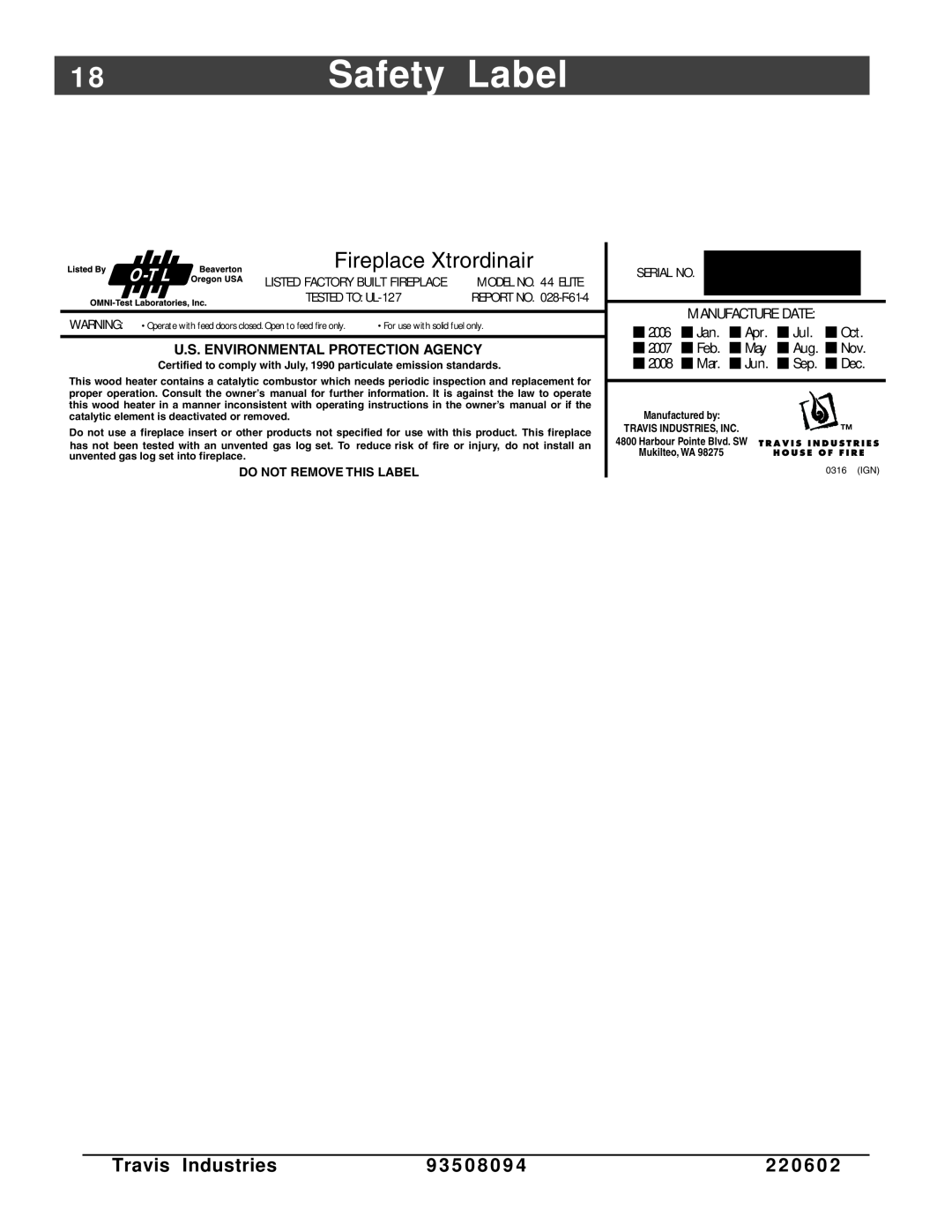 FireplaceXtrordinair 44-Elite owner manual Safety Label, Fireplace Xtrordinair, Travis Industries, 9 3 5 0 8, 2 2 0 6 