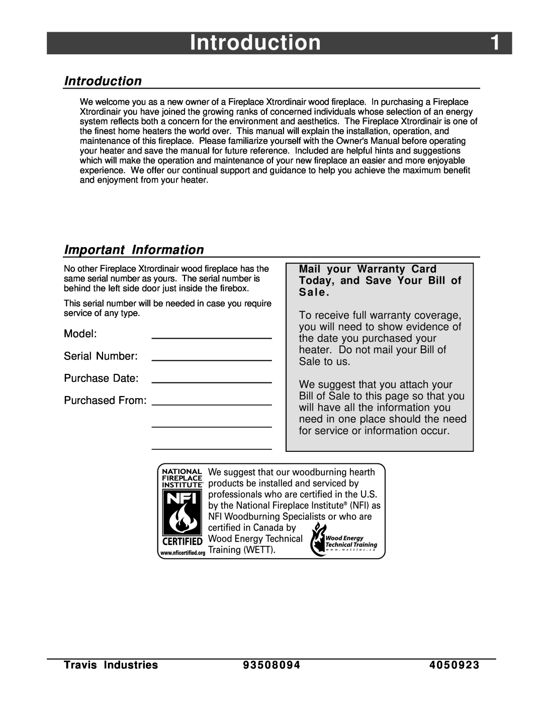 FireplaceXtrordinair 44-Elite owner manual Introduction1, Important Information, Travis Industries, 9 3 5 0 8 0, 4 0 5 0 9 